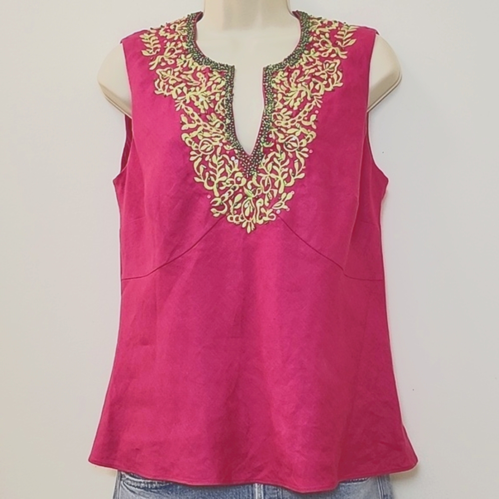 Lafayette148 Pink 100% Linen Beaded Embroidered Tailored Sleeveless Blouse  SZ 8